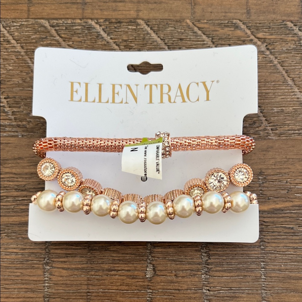 Ellen Tracy Rose Gold Tone Pearl and Crystal Bracelet Trio
